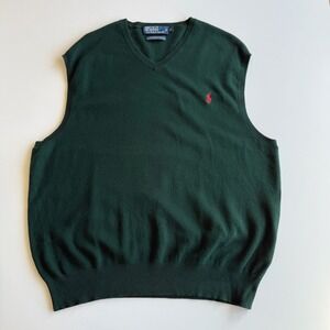 Polo Ralph Lauren VTG 100%‎ Pima Cotton Forest Green Red Pony V Neck Vest XL